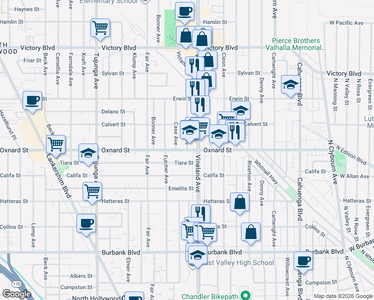 map of restaurants, bars, coffee shops, grocery stores, and more near 11028 Oxnard Street in Los Angeles
