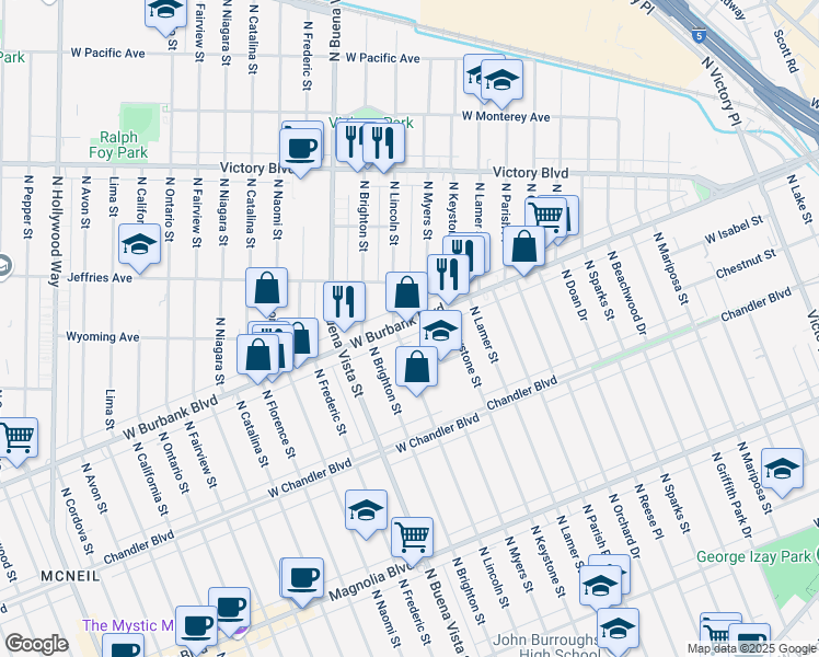 map of restaurants, bars, coffee shops, grocery stores, and more near 1031 North Myers Street in Burbank