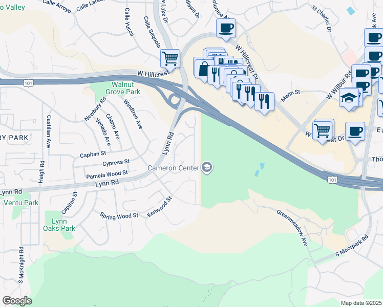 map of restaurants, bars, coffee shops, grocery stores, and more near 325 Cherry Hills Court in Thousand Oaks