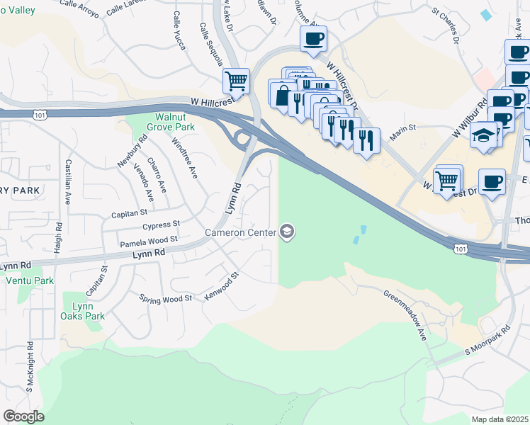 map of restaurants, bars, coffee shops, grocery stores, and more near 325 Cherry Hills Court in Thousand Oaks