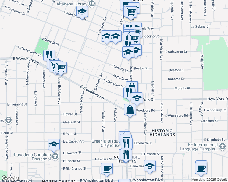 map of restaurants, bars, coffee shops, grocery stores, and more near 797 New York Drive in Altadena