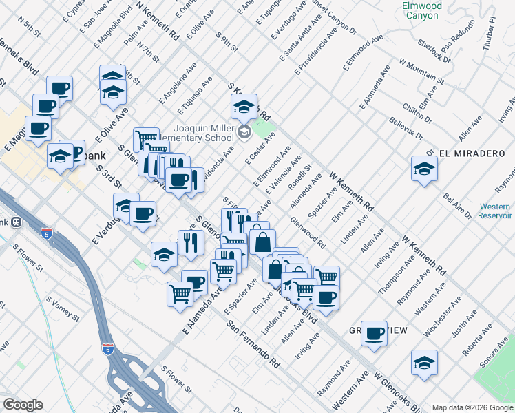 map of restaurants, bars, coffee shops, grocery stores, and more near 816 South Fifth Street in Burbank