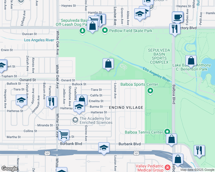 map of restaurants, bars, coffee shops, grocery stores, and more near 17332 Bullock Street in Los Angeles