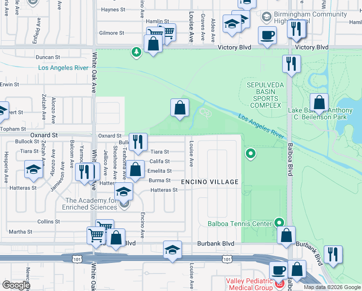 map of restaurants, bars, coffee shops, grocery stores, and more near 17326 Bullock Street in Los Angeles