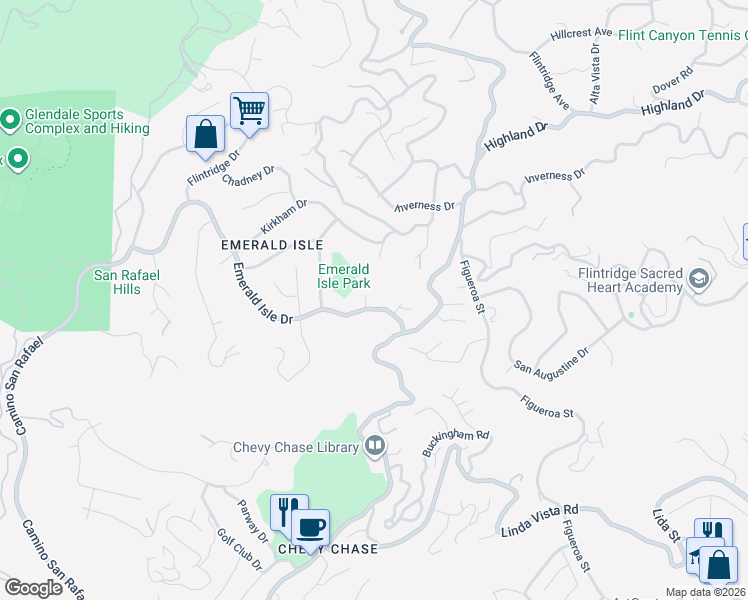 map of restaurants, bars, coffee shops, grocery stores, and more near 3511 Emerald Isle Drive in Glendale
