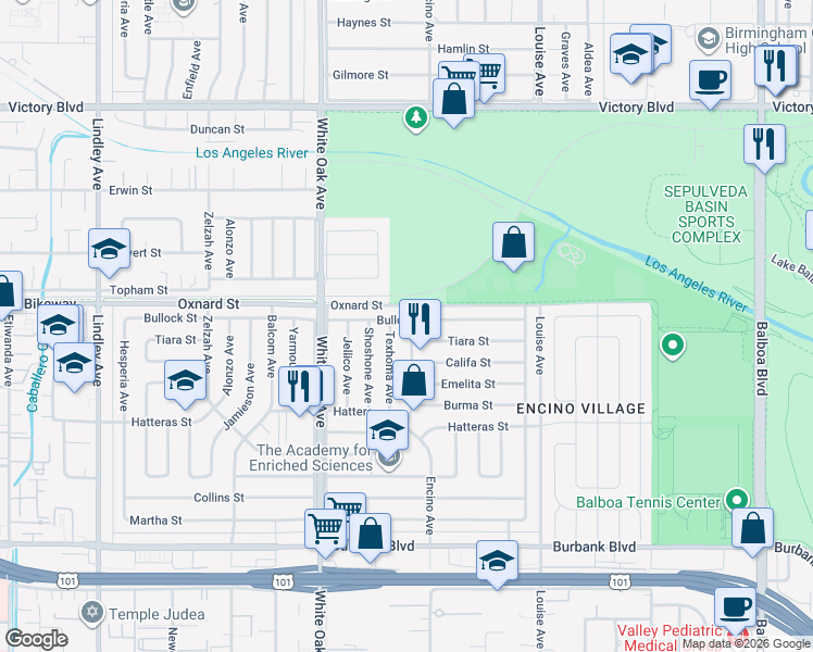 map of restaurants, bars, coffee shops, grocery stores, and more near 6001 Encino Avenue in Los Angeles