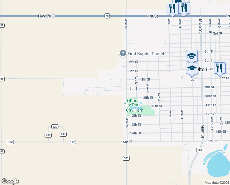 map of restaurants, bars, coffee shops, grocery stores, and more near 1406 9th Street in Olton