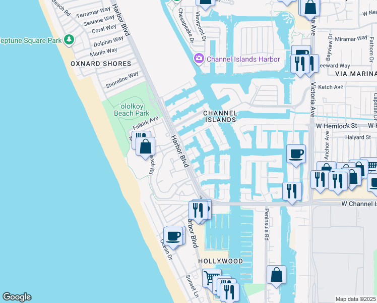 map of restaurants, bars, coffee shops, grocery stores, and more near 4541 Lyme Bay in Oxnard