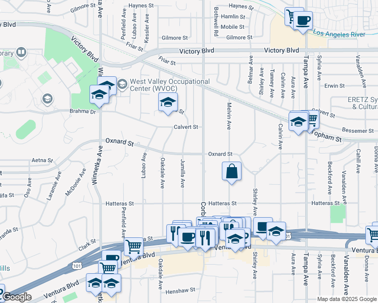 map of restaurants, bars, coffee shops, grocery stores, and more near 6002 Jumilla Avenue in Los Angeles