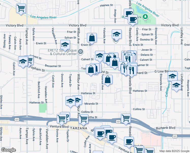 map of restaurants, bars, coffee shops, grocery stores, and more near 18730 West Oxnard Street in Los Angeles