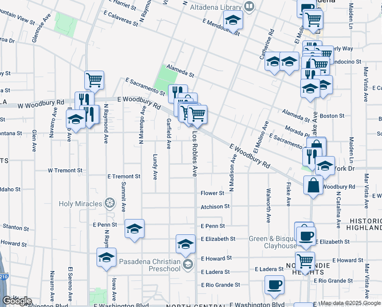 map of restaurants, bars, coffee shops, grocery stores, and more near 1955 North Los Robles Avenue in Pasadena