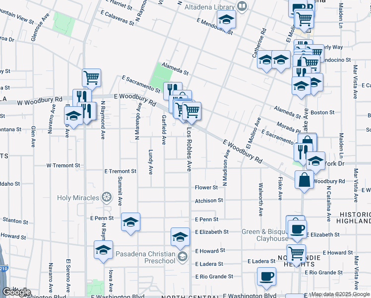 map of restaurants, bars, coffee shops, grocery stores, and more near 1955 North Los Robles Avenue in Pasadena