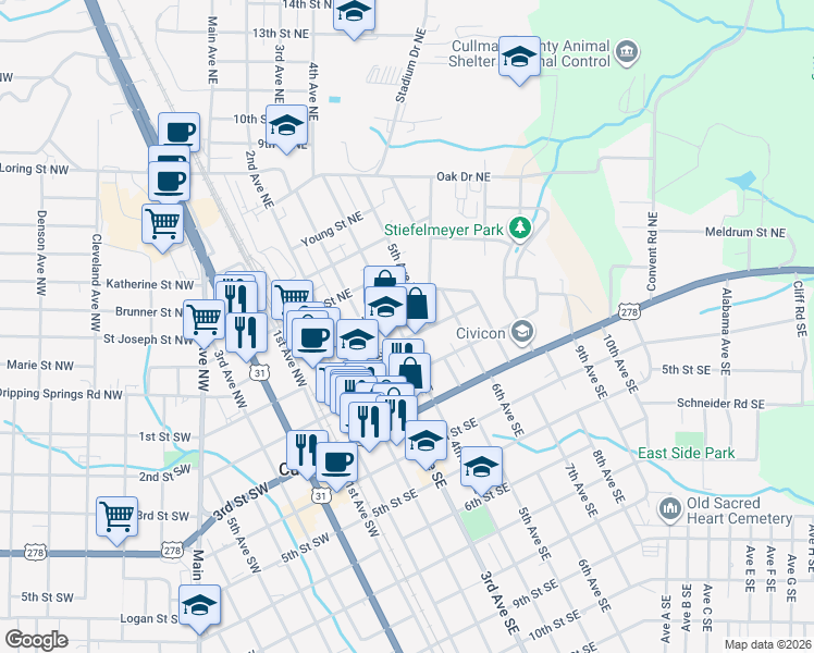 map of restaurants, bars, coffee shops, grocery stores, and more near 408 Clark Street Northeast in Cullman