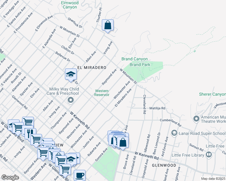 map of restaurants, bars, coffee shops, grocery stores, and more near 1456 Western Avenue in Glendale