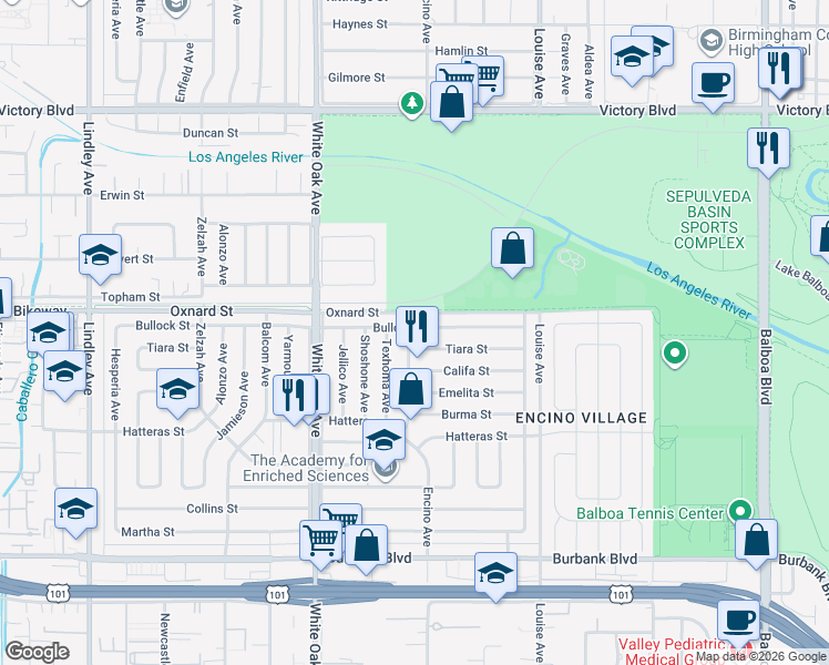 map of restaurants, bars, coffee shops, grocery stores, and more near 17512 Bullock Street in Los Angeles