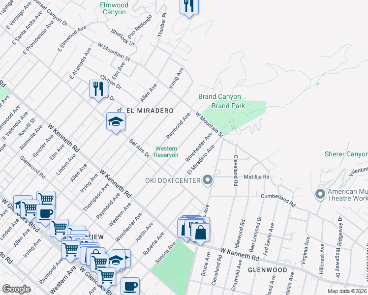 map of restaurants, bars, coffee shops, grocery stores, and more near 1456 Western Avenue in Glendale