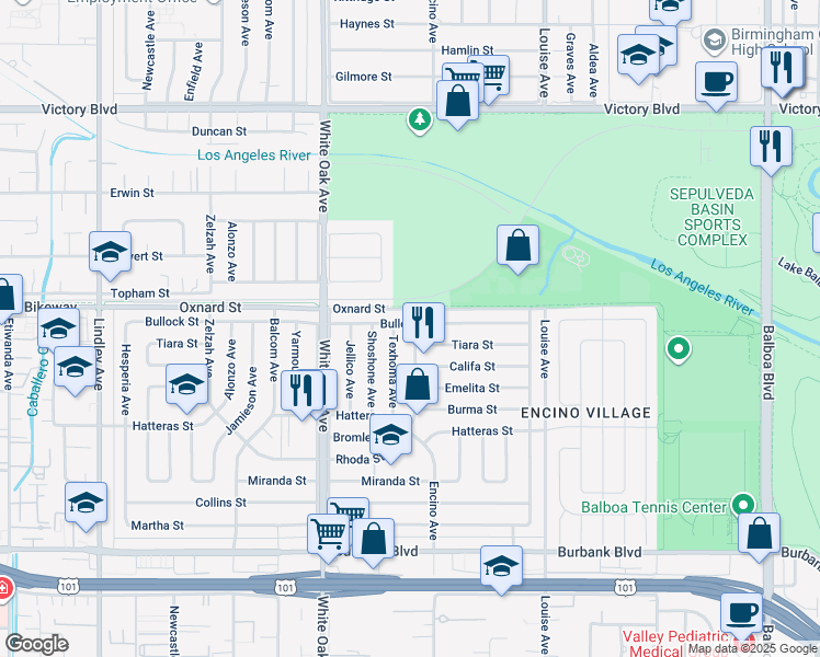 map of restaurants, bars, coffee shops, grocery stores, and more near 6017 Encino Avenue in Los Angeles