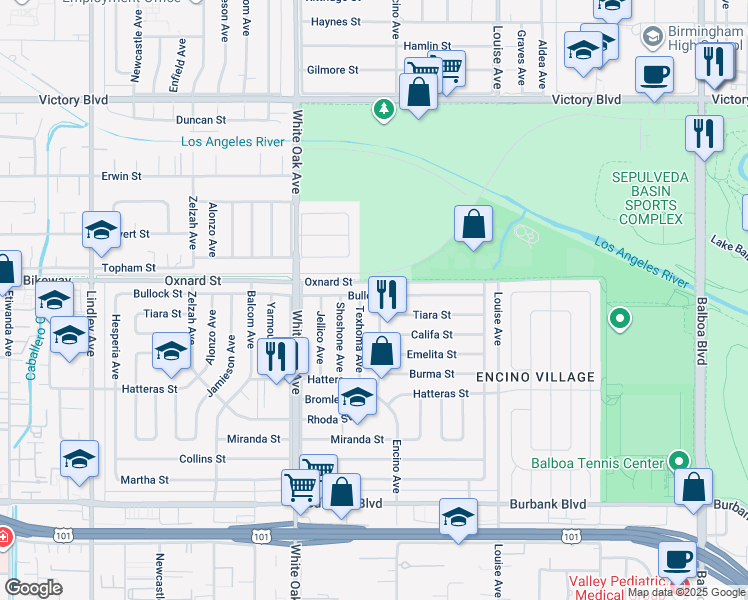 map of restaurants, bars, coffee shops, grocery stores, and more near 6017 Encino Avenue in Los Angeles