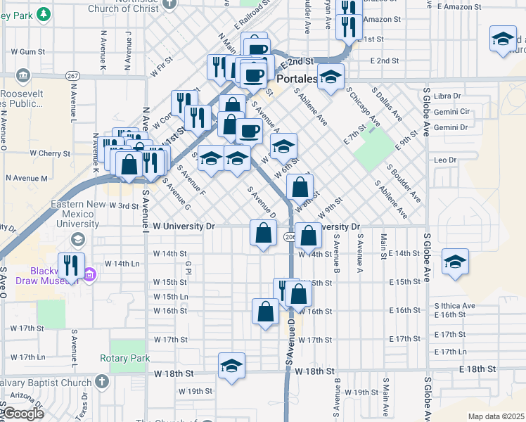 map of restaurants, bars, coffee shops, grocery stores, and more near 820 South Avenue C in Portales