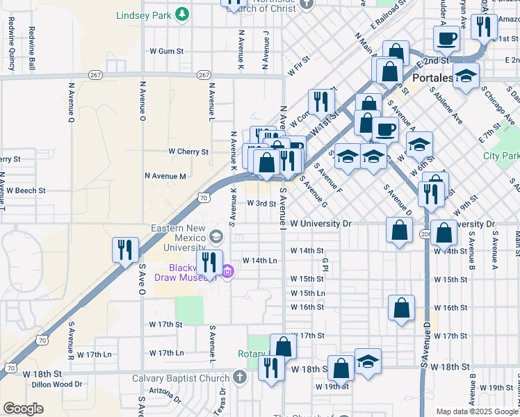 map of restaurants, bars, coffee shops, grocery stores, and more near 1112 West University Drive in Portales