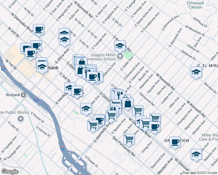 map of restaurants, bars, coffee shops, grocery stores, and more near 417 East Elmwood Avenue in Burbank
