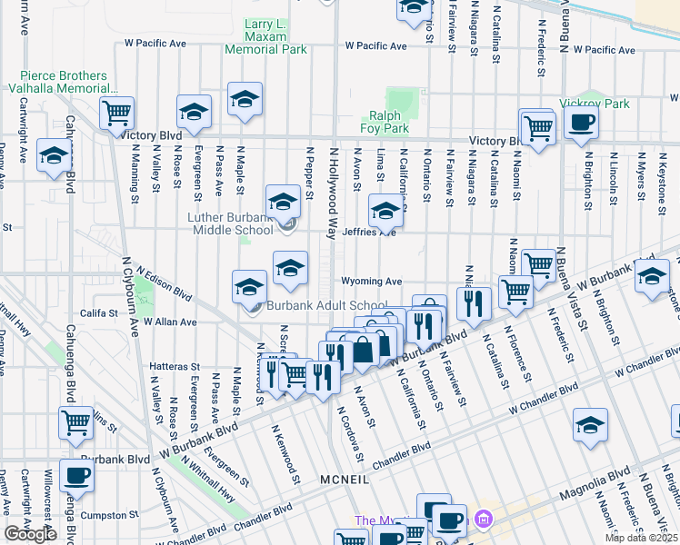map of restaurants, bars, coffee shops, grocery stores, and more near 3406 Wyoming Avenue in Burbank