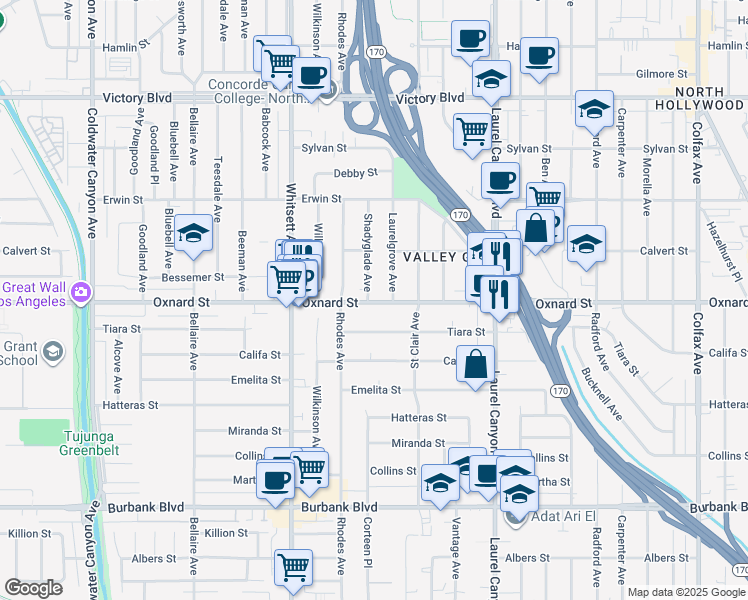 map of restaurants, bars, coffee shops, grocery stores, and more near 12302 Oxnard Street in Los Angeles
