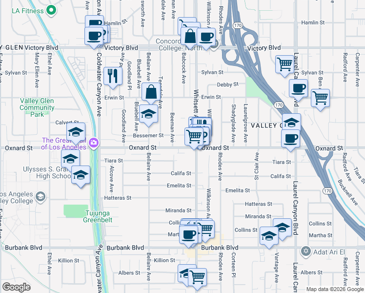 map of restaurants, bars, coffee shops, grocery stores, and more near 5944 Beeman Avenue in Los Angeles