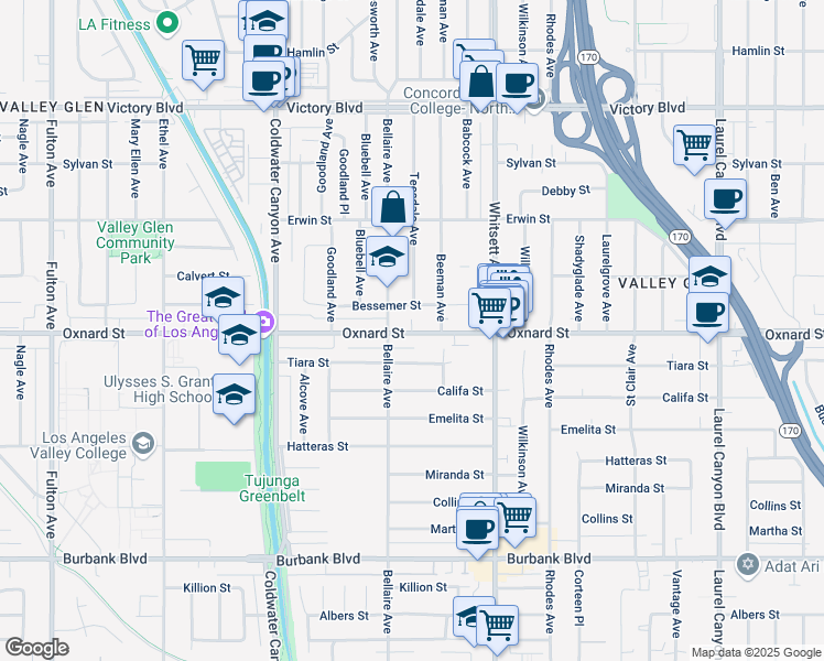 map of restaurants, bars, coffee shops, grocery stores, and more near 12640 Oxnard Street in Los Angeles