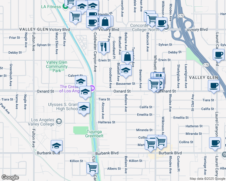 map of restaurants, bars, coffee shops, grocery stores, and more near 12758 Oxnard Street in Los Angeles