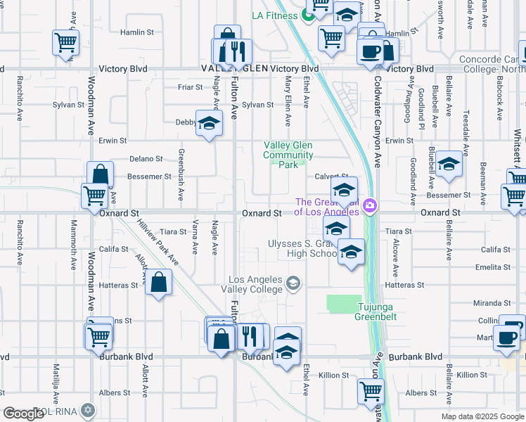 map of restaurants, bars, coffee shops, grocery stores, and more near 13202 Oxnard Street in Los Angeles