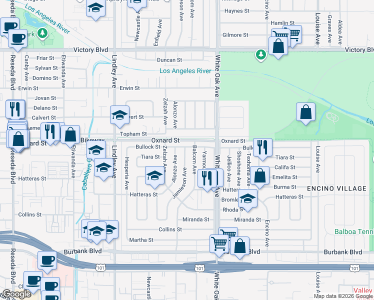 map of restaurants, bars, coffee shops, grocery stores, and more near 5950 Jamieson Avenue in Los Angeles