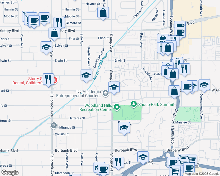 map of restaurants, bars, coffee shops, grocery stores, and more near 22430 West Oxnard Street in Los Angeles