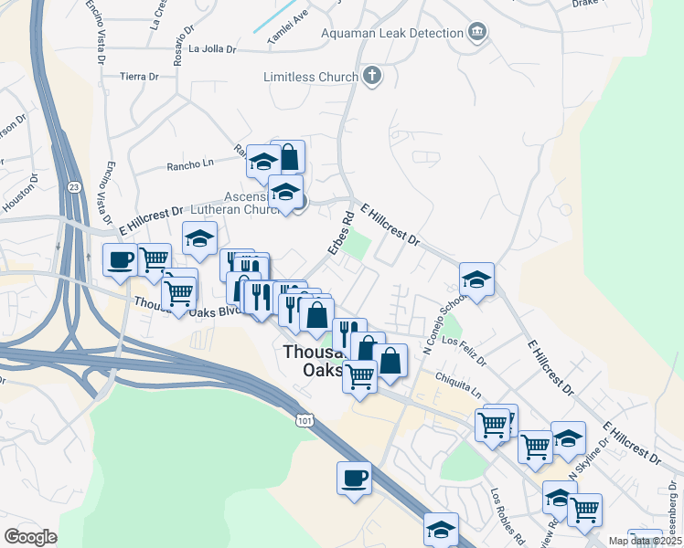 map of restaurants, bars, coffee shops, grocery stores, and more near 220 Erbes Road in Thousand Oaks