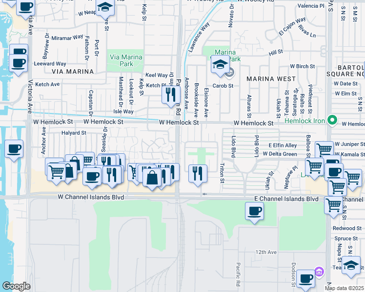 map of restaurants, bars, coffee shops, grocery stores, and more near 2677 Bolker Way in Port Hueneme