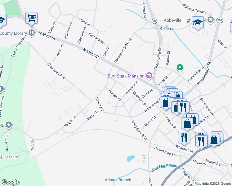 map of restaurants, bars, coffee shops, grocery stores, and more near 305 Orange Street in Abbeville