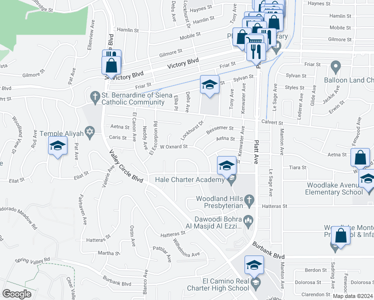 map of restaurants, bars, coffee shops, grocery stores, and more near 23952 Oxnard Street in Los Angeles