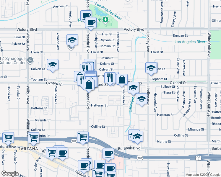 map of restaurants, bars, coffee shops, grocery stores, and more near 18356 West Oxnard Street in Los Angeles