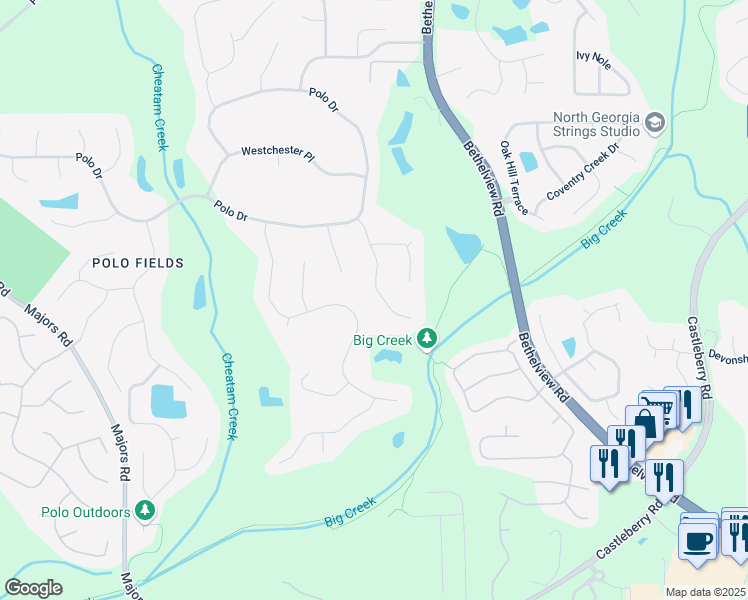 map of restaurants, bars, coffee shops, grocery stores, and more near 6690 Stillmeadow Drive in Cumming