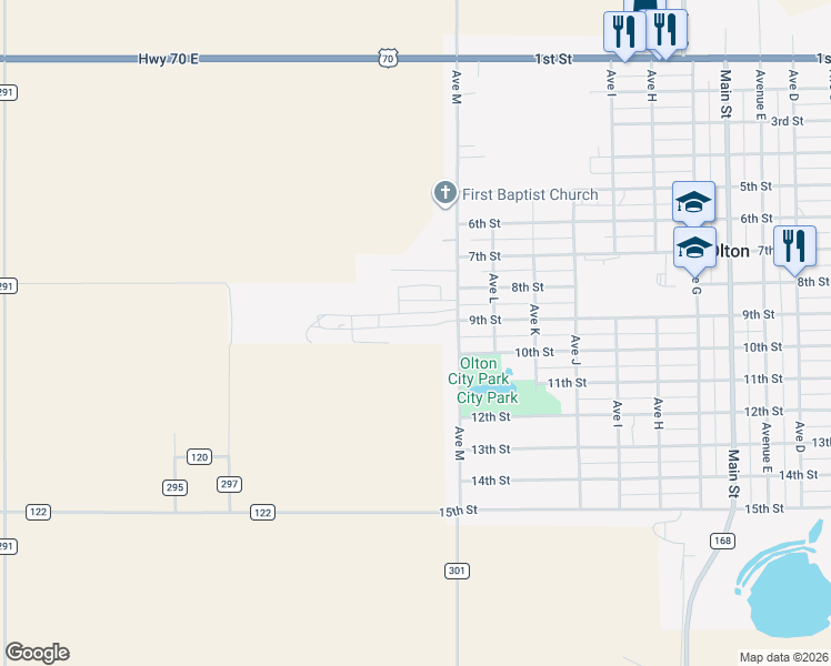 map of restaurants, bars, coffee shops, grocery stores, and more near 1406 9th Street in Olton