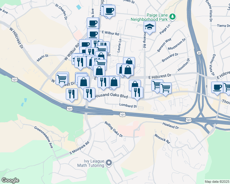map of restaurants, bars, coffee shops, grocery stores, and more near 258 Thousand Oaks Boulevard in Thousand Oaks