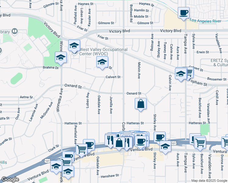 map of restaurants, bars, coffee shops, grocery stores, and more near 6002 Jumilla Avenue in Los Angeles