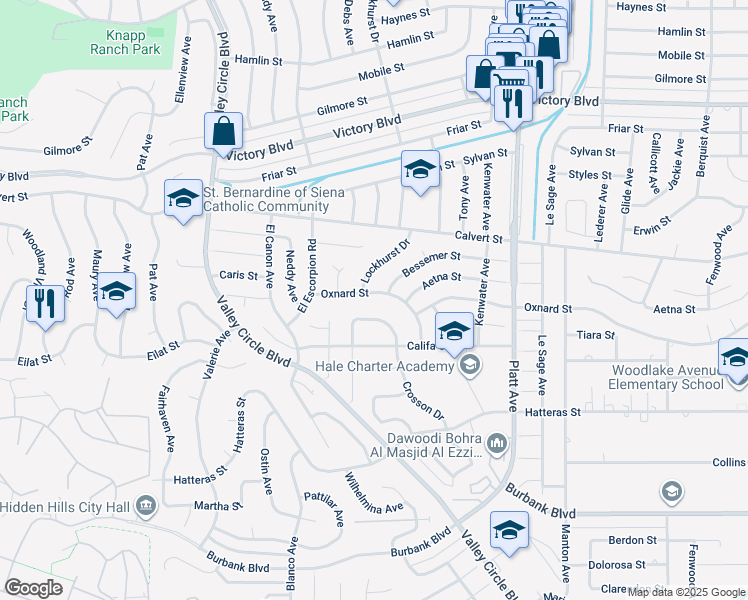 map of restaurants, bars, coffee shops, grocery stores, and more near 23952 Oxnard Street in Los Angeles
