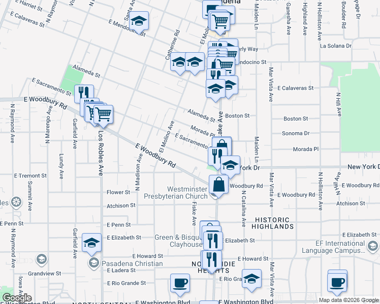 map of restaurants, bars, coffee shops, grocery stores, and more near 785 New York Drive in Altadena