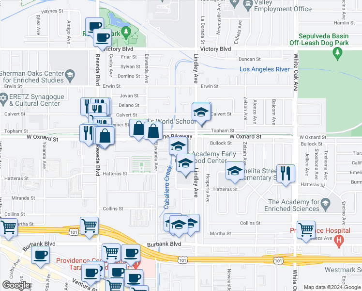 map of restaurants, bars, coffee shops, grocery stores, and more near 18146 Oxnard Street in Los Angeles