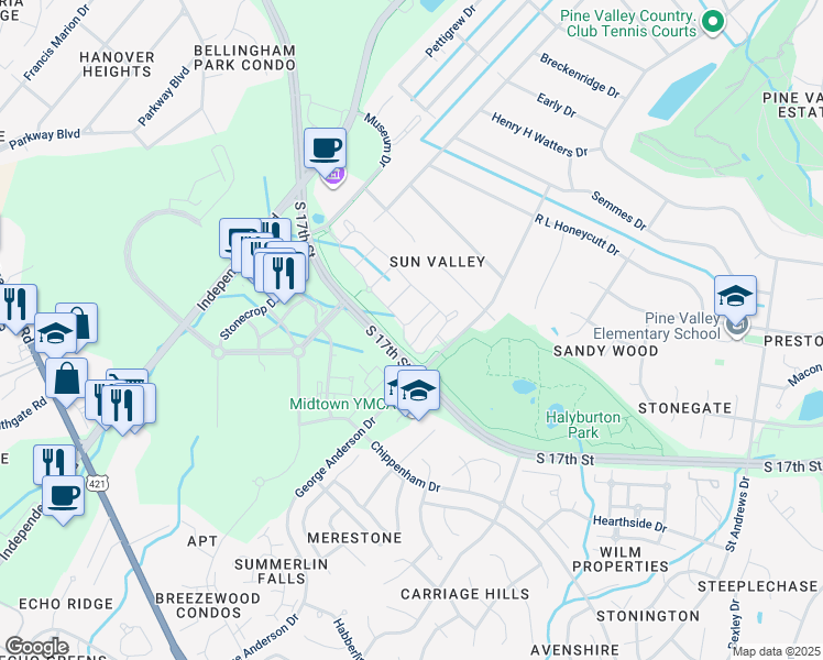 map of restaurants, bars, coffee shops, grocery stores, and more near 1504 Peace Lane in Wilmington