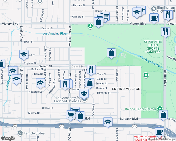 map of restaurants, bars, coffee shops, grocery stores, and more near 6001 Encino Avenue in Los Angeles