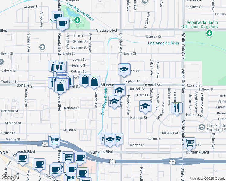 map of restaurants, bars, coffee shops, grocery stores, and more near 18140 Oxnard Street in Los Angeles