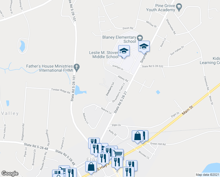 map of restaurants, bars, coffee shops, grocery stores, and more near Dewberry Lane in Elgin