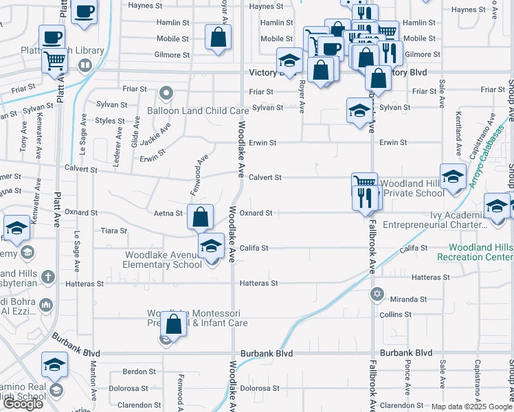 map of restaurants, bars, coffee shops, grocery stores, and more near 23123 West Oxnard Street in Los Angeles